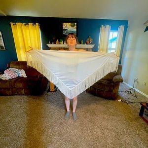 White triangle hip scarf or veil with thumb loops and fringe